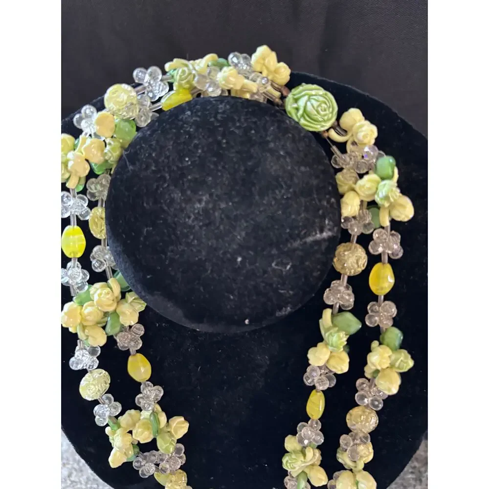 Vintage Multi Strand Floral Fruit Salad Necklace Green Yellow MCM Retro 20
